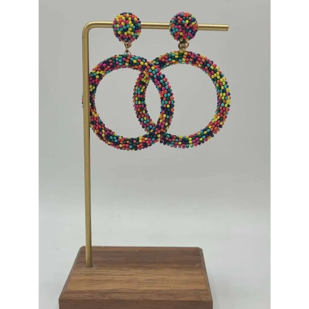 Colorful Beaded Hoop Stud Earrings